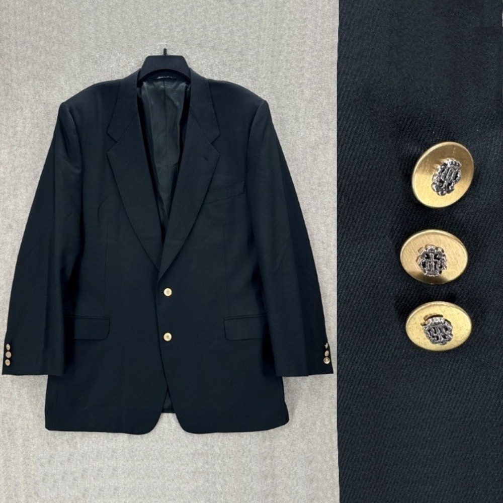 Canali Blazer Mens 50 L Navy Blue Wool Gold Crest Button Made in Italy